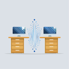 Two desks Connected with a Glowing Data Stream Illustrates Network Communication