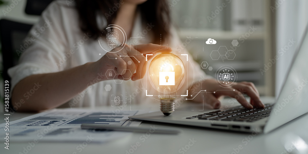 Poster ai cyber security system using biometric authentication and privacy control. cyber security protects