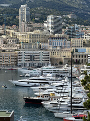 Scenic view of a marina filled with luxury yachts, surrounded by modern buildings and lush hills, showcasing a vibrant coastal lifestyle and leisure activities