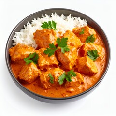 Fototapeta premium Aromatic butter chicken dish with fluffy rice and parsley garnish, presented on white background