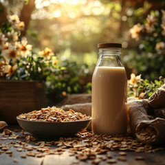 Bottle of milk next to bowl of nuts.