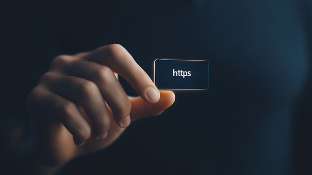 HTTPS Security Concept: Close-up of a hand holding a small, glowing device displaying "https," symbolizing secure online connections.