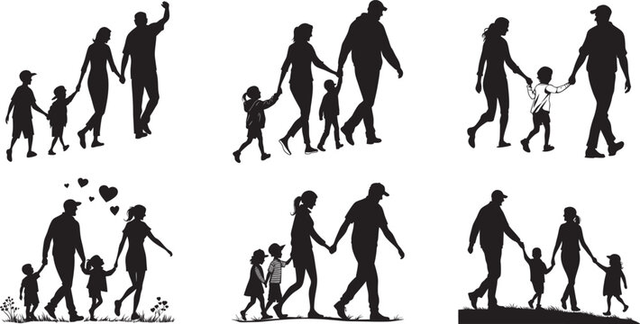 Black silhouette vector of a happy family walking hand in hand, parents with two children, minimal and emotional, white background