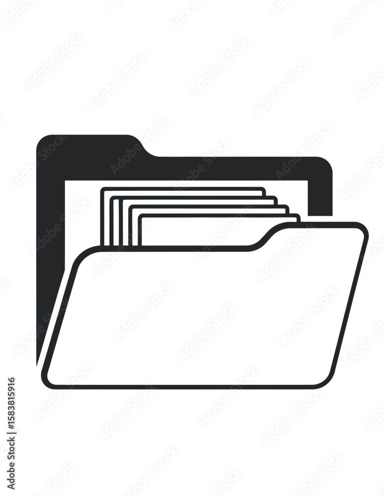Fototapete a simple black and white illustration of an open folder with documents inside, representing file man
