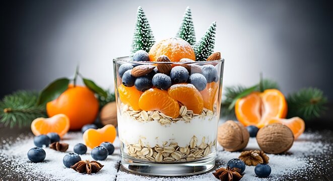 Festive christmas parfait with tangerines, blueberries, and oatmeal