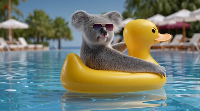 A funny koala wearing sunglasses relaxes on a yellow duck float on a pool