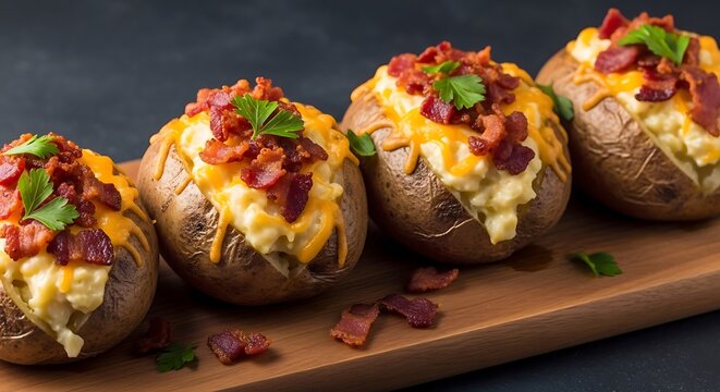 Delicious twice baked potatoes with cheese and bacon on a wooden board