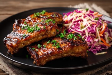 Grilled pork ribs with caramelized glaze served alongside fresh coleslaw on a rustic wooden table in a cozy dining setting