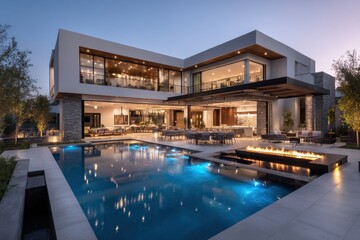 Fototapeta premium Modern luxury house with sleek swimming pool and outdoor fire features in a tranquil setting at dusk