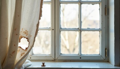 Naklejka premium Window with torn curtain and natural light filtering through 