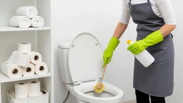 A woman is cleaning the toilet with a brush