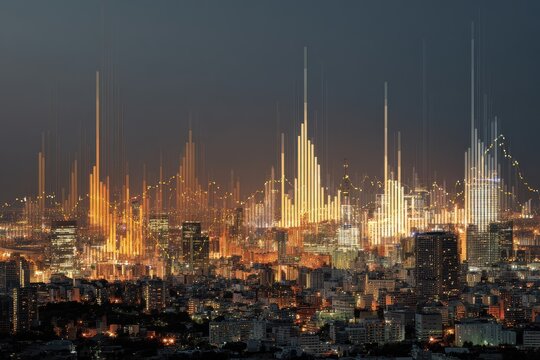 Visualization of advanced data analytics in urban cityscape showcasing trends and patterns at twilight