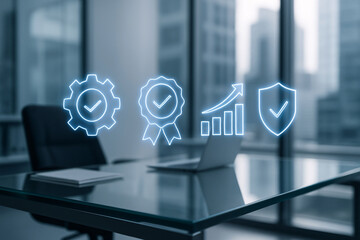 Business concepts showcasing quality, growth, and security illustrated with glowing icons on a modern office desk depicting positive outcomes