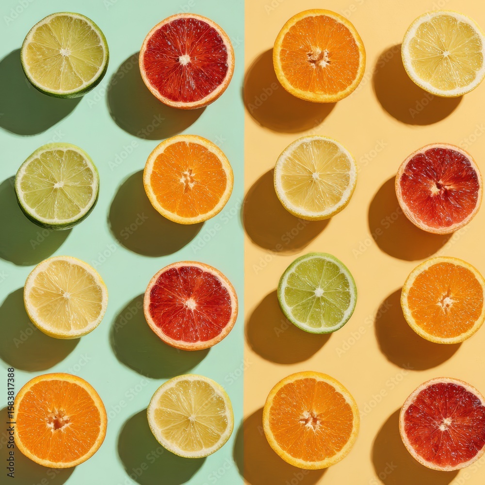Poster vibrant citrus fruits arranged in a geometric pattern on soft pastel backgrounds, creating a visuall
