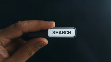 Hand holding a digital device displaying the word "SEARCH," representing information retrieval and technology. Minimalist design against a dark backdrop.