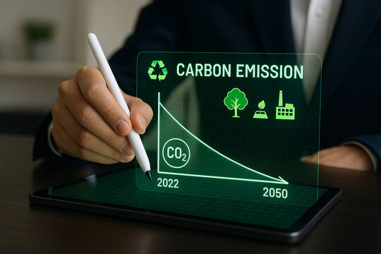 Businessman analyzing carbon emission reduction chart on a digital tablet illustrating environmental sustainability and climate change mitigation strategies