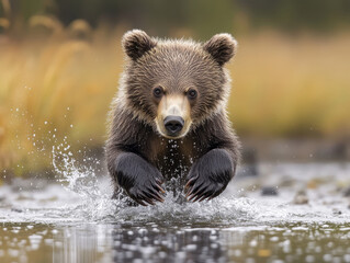 Fototapeta premium Young brown bear running in river splashing water