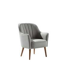 Fototapeta premium Modern grey upholstered accent chair with wooden legs isolated on transparent background