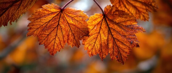 Obraz premium The vibrant orange leaves illuminated by gentle sunlight in autumn.