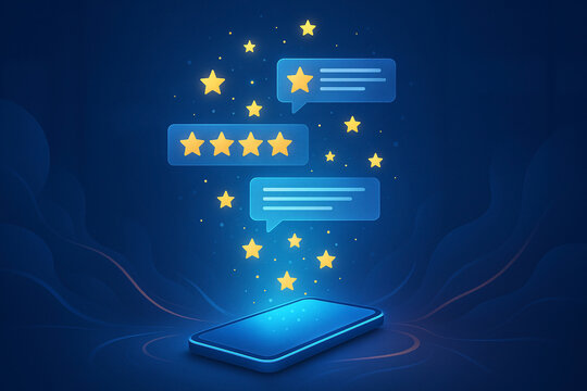 Customer feedback and online reviews concept with smartphone glowing stars and speech bubbles
