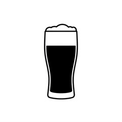 A minimalist black and white icon of a pint glass filled with a dark beverage and a frothy head, centered on a white background.