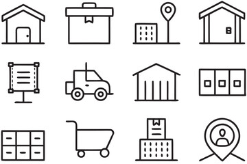 Set of minimalist line icons representing business and location concepts line art