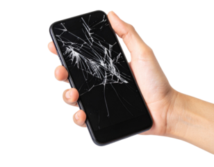 Hand Holding Smartphone with Cracked Screen, Highlighting Mobile Device Damage, Isolated on Transparent Background