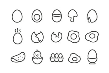 Egg line icon set. Vector pictogram collection of cooking and food symbols. Includes boiled, fried, poached, broken egg, omelette, chick, and egg tray for breakfast concepts.