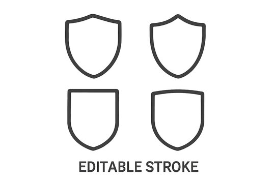 Editable stroke shield icon set. Flat silhouette vector icons of protective shields. Knightly military insignia, emblem, and crest shapes for security and protection.