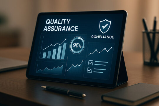 Quality assurance and compliance dashboard displayed on a tablet showcasing data analysis for performance monitoring - Powered by Adobe