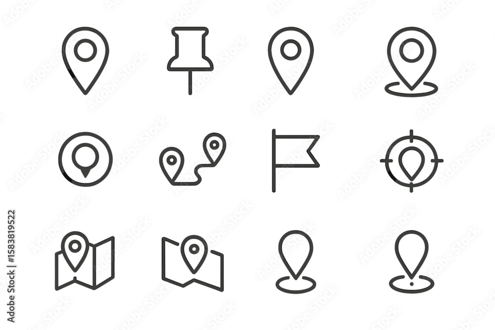 Fototapete map pin line icon set. location, push pin, and map marker for geolocation and navigation. route, fla