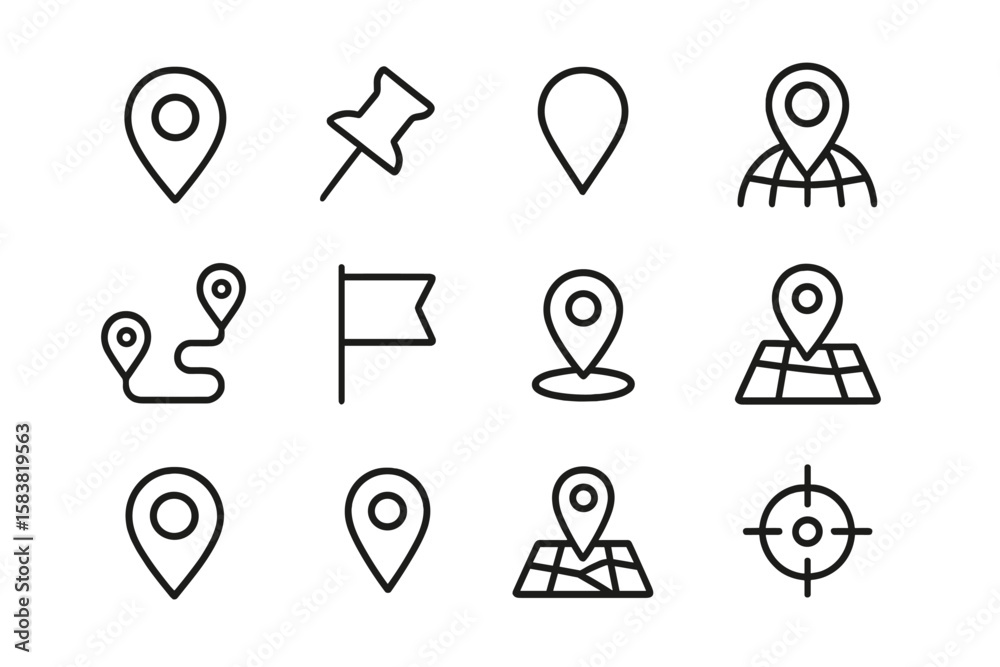 Poster map pin line icon set. location marker, push pin, and navigation pointer symbols. geolocation, route