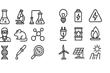 Science and energy line icon set. Laboratory research, chemistry, biology pictograms. Renewable power, electricity, fossil fuel symbols. Outline vector illustration.