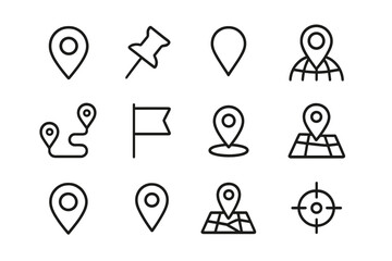 Map pin line icon set. Location marker, push pin, and navigation pointer symbols. Geolocation, route, flag, position, and GPS signs for web and mobile apps. Vector outline.