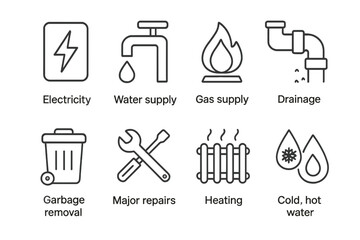 Essential Public Utilities and Services Vector Icons Set. Linear Style Illustrations of Electricity, Water Supply, Gas, Drainage, Garbage Removal, Repairs, Heating, Hot and Cold Water
