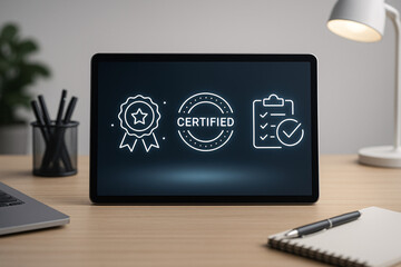 Tablet displaying certification icons on a wooden desk concept of quality assurance and approval in business