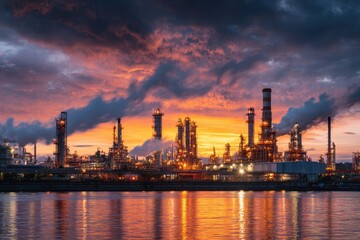 Obraz premium Panoramic view of an oil refinery plant at sunset showcasing industrial structures against a vividly colored sky with smoke rising and reflections on the water