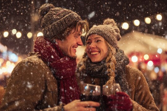 Young couple enjoys mulled wine together in a festive outdoor setting during a snowy evening at a winter market