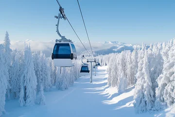 Crédence de cuisine Gondoles Ski Lift in Winter Wonderland. Snow-covered trees surround a gondola lift under a bright blue sky, promising a scenic ride through a snowy landscape.  © A2Z AI 