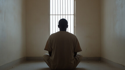 Solitary figure in a confined space, gazing towards the barred window. An image of isolation, thought and incarceration.