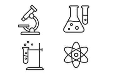 Science Laboratory Line Icons Set – Microscope, Test Tubes, Beaker, Atom Symbol, Chemistry Experiment, Scientific Research, Linear Style, Vector Illustration, Transparent Background