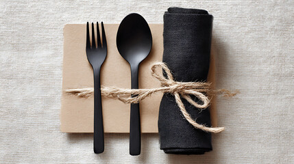 Flatlay of Black Matte Cutlery Set Spoon Fork Tied with Jute Twine on Kraft Paper and Black Linen Napkin on Off White Textured Fabric Background