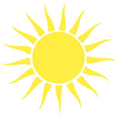 Bright yellow sun with radiating rays on white background