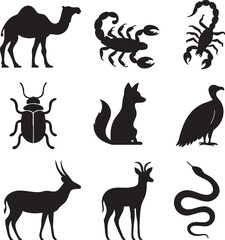 Desert and Savannah Animals Silhouettes of Camel, Scorpion, Fox, and More
