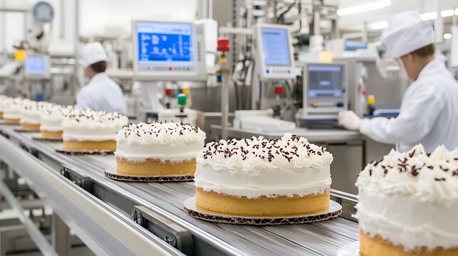 Cakes travel along the conveyor belt in a food processing factory. Automated system of baking and icing cakes, ensuring quality and consistency.