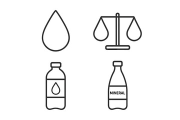 Minimalist Water Icons Set – Linear Style Collection Featuring Water Drop, Balance, Pure Water Bottle, and Mineral Water Bottle Symbols for Web and App Design