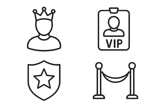 VIP Royalty and Exclusivity Line Icons Set. Outline Vector Collection Featuring Crowned Person, VIP Badge, Security Shield, Velvet Rope Barrier. Celebrity, Elite Access, Security, Event Concept
