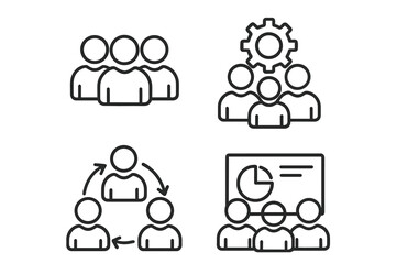 Business Teamwork and Collaboration Outline Icons Set. Linear Style Vector Collection Featuring Team, Work Group, Business People, Project Management, Communication, and Presentation Concepts
