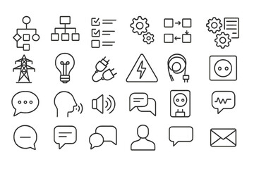 Workflow Process and Communication Line Icons Set. Organization, Productivity, Sequence, Gear, Checklist, Electricity, Plug, Socket, Light Bulb, Speech Bubble, Communication, Outline Vector Pictograms