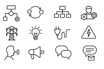 Workflow Process and Communication Line Icons Set. Organization, Productivity, Sequence, Scheme, Gear, Power, Lightbulb, Communication, Management, Outline Vector Symbols for Business and Technology